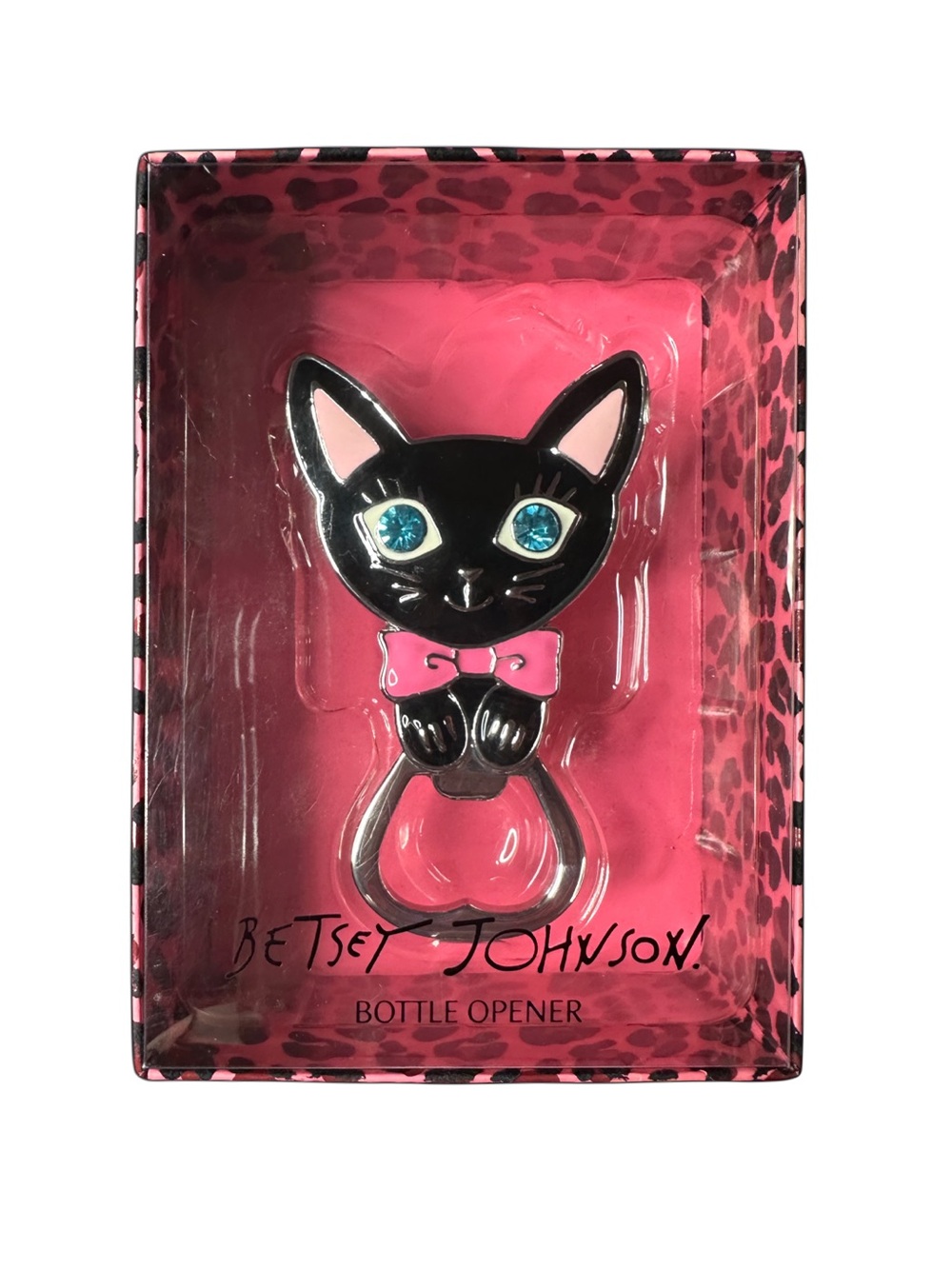 Betsey Johnson Black Cat Bottle Opener with Pink Bow and Blue Eyes
